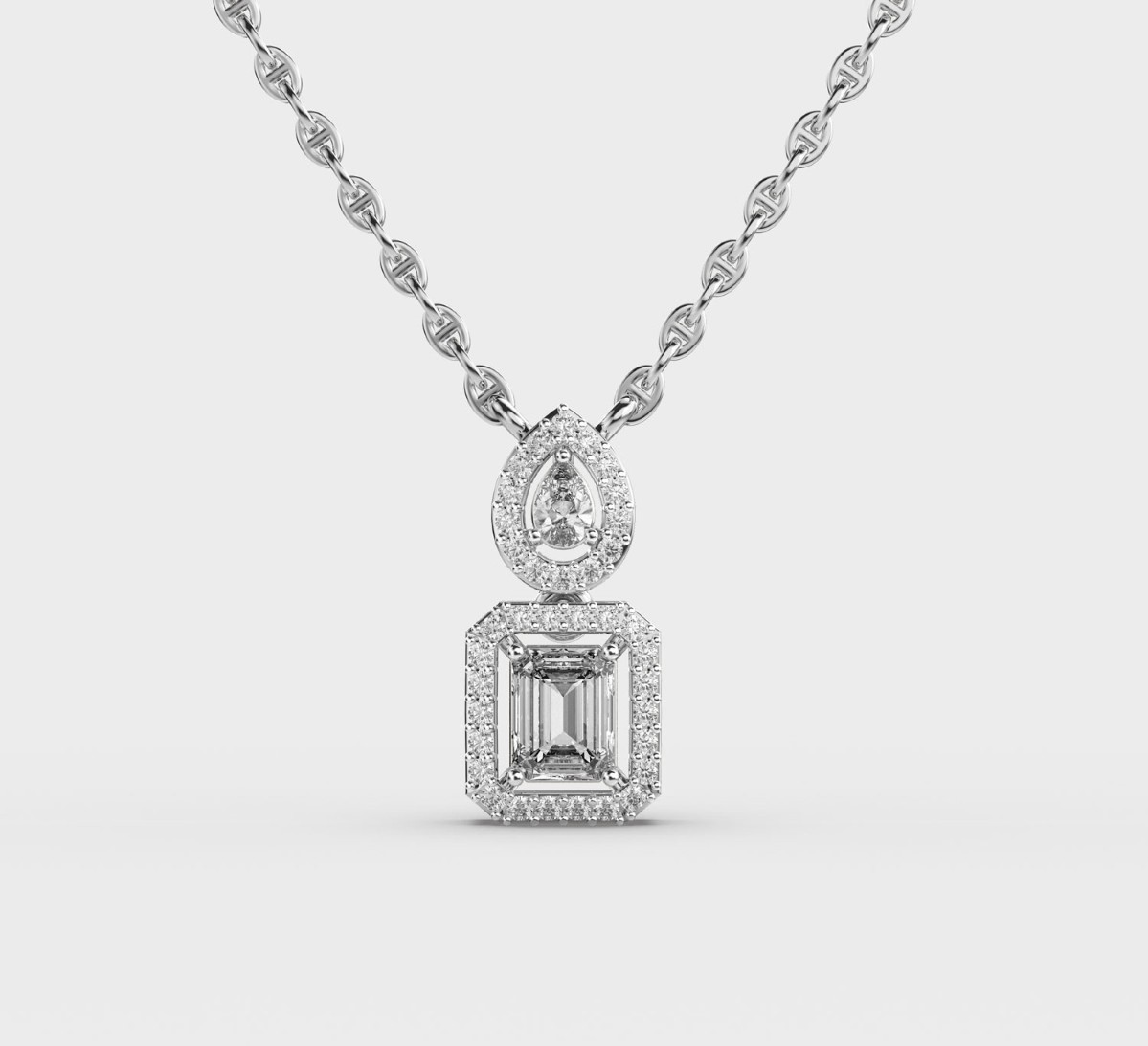 Graceful Pear and Emerald Cut Diamond Pendant with Chain