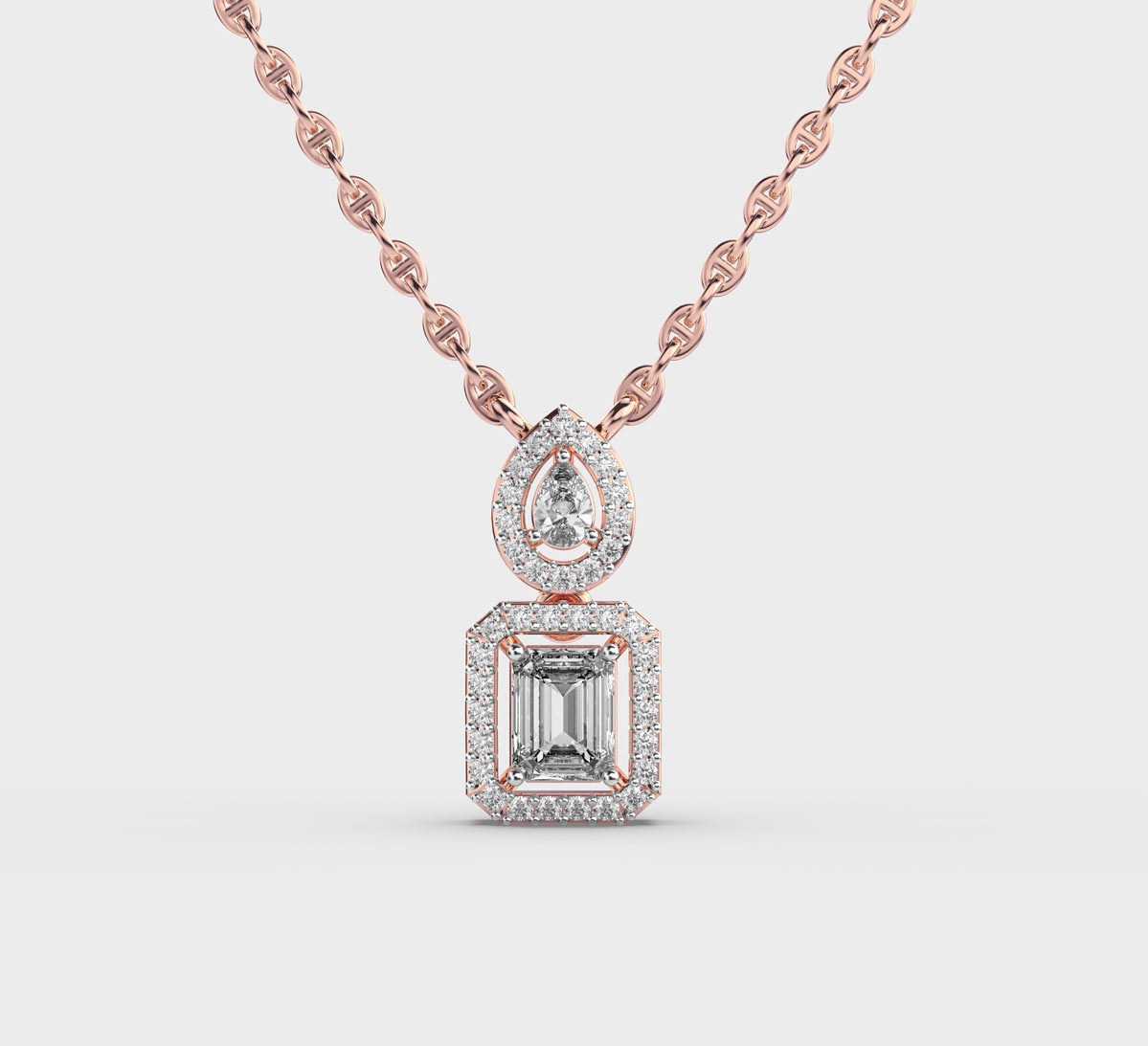 Graceful Pear and Emerald Cut Diamond Pendant with Chain