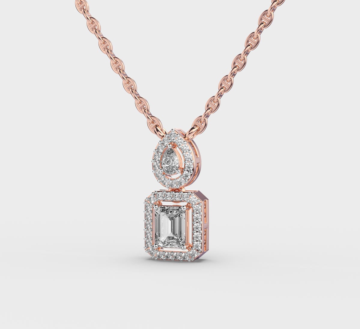 Graceful Pear and Emerald Cut Diamond Pendant with Chain