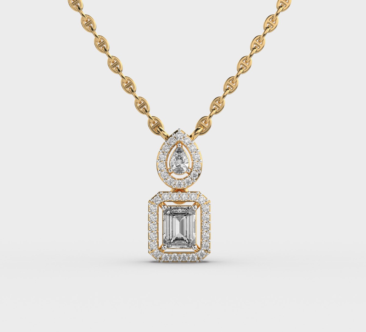Graceful Pear and Emerald Cut Diamond Pendant with Chain